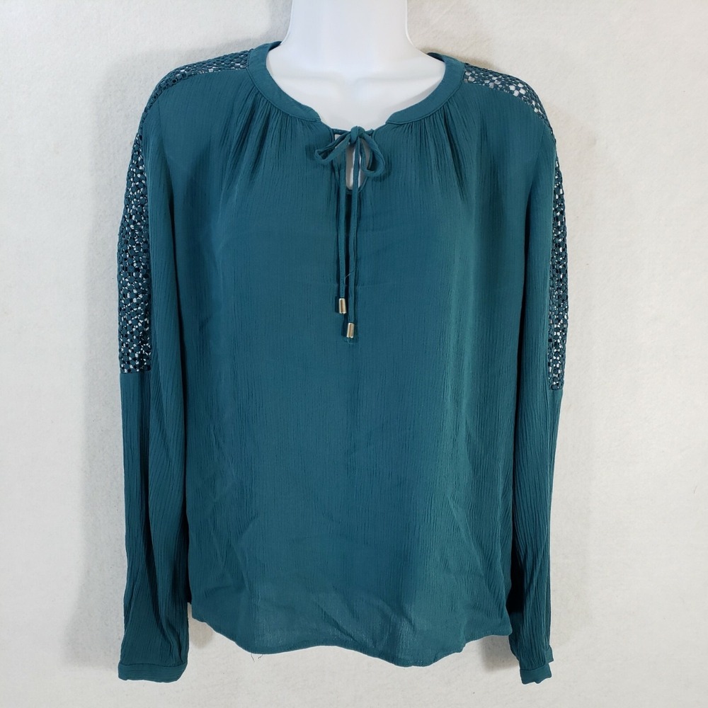 Mossimo Women Large Blouse Teal Sheer Lace Sleeve Tie Neck Pullover Boho L